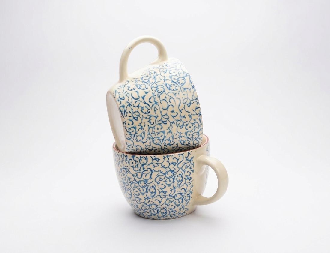 Elegant Blue Floral Ceramic Mug Set (450 ml, Set of 2)