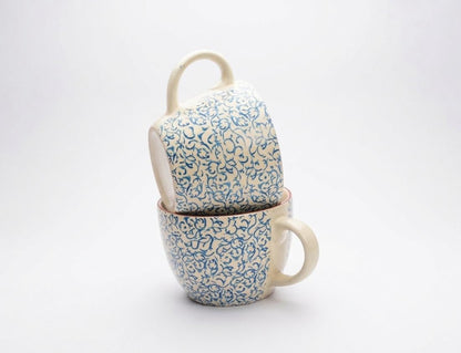 Elegant Blue Floral Ceramic Mug Set (450 ml, Set of 2)