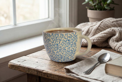Elegant Blue Floral Ceramic Mug Set (450 ml, Set of 2)