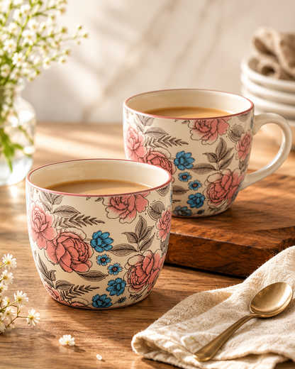 Vintage Bloom Stoneware Mug Set (450 ml, Set of 2)
