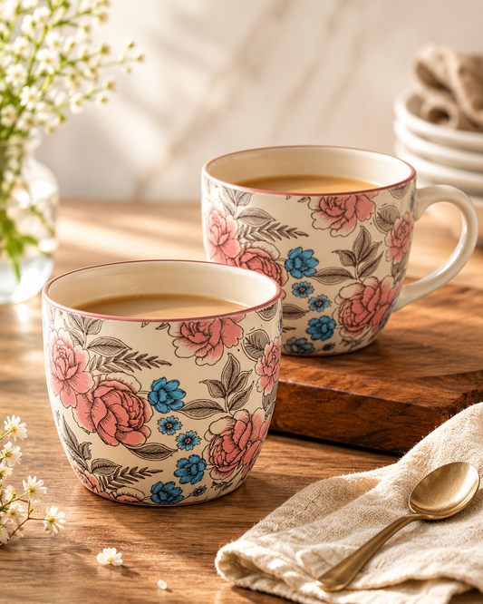 Vintage Bloom Stoneware Mug Set (450 ml, Set of 2)