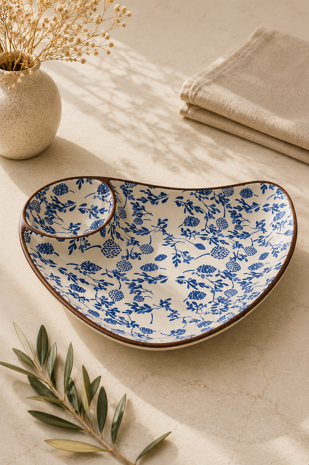 Classic Blue Floral Ceramic Platter with Built-in Dip Bowl (pack of one)