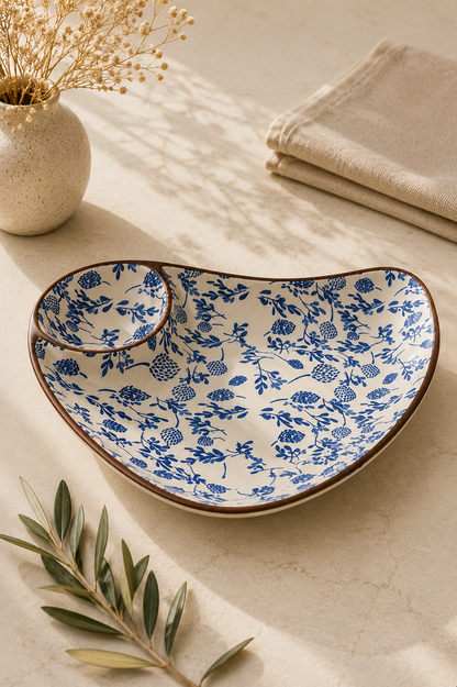 Classic Blue Floral Ceramic Platter with Built-in Dip Bowl (pack of one)