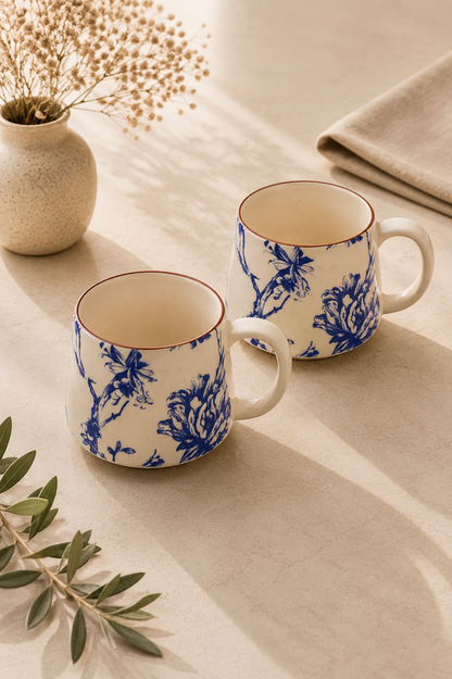 Blue Floral Premium Ivory Mug for Coffee, Tea & Milk 350ml (pack of 2)