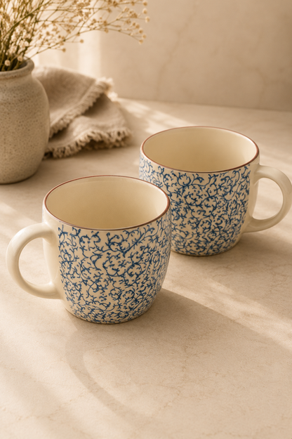 Elegant Blue Floral Ceramic Mug Set (450 ml, Set of 2)