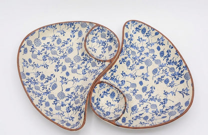 Classic Blue Floral Ceramic Platter with Built-in Dip Bowl (pack of one)