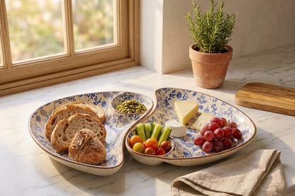 Classic Blue Floral Ceramic Platter with Built-in Dip Bowl (pack of one)