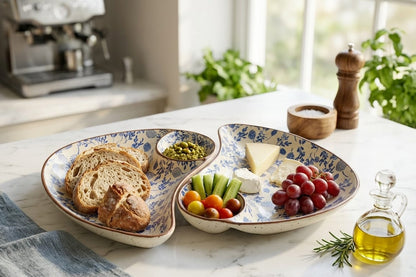 Classic Blue Floral Ceramic Platter with Built-in Dip Bowl (pack of one)