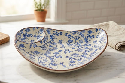 Classic Blue Floral Ceramic Platter with Built-in Dip Bowl (pack of one)