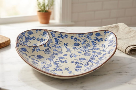 Classic Blue Floral Ceramic Platter with Built-in Dip Bowl (pack of one)