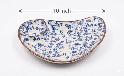 Classic Blue Floral Ceramic Platter with Built-in Dip Bowl (pack of one)