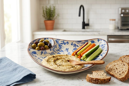 Classic Blue Floral Ceramic Platter with Built-in Dip Bowl (pack of one)