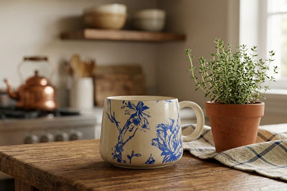 Blue Floral Premium Ivory Mug for Coffee, Tea & Milk 350ml (pack of 2)